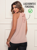 Blusa Regata Feminina Gola Alta Estilosa Elegante em Crepe