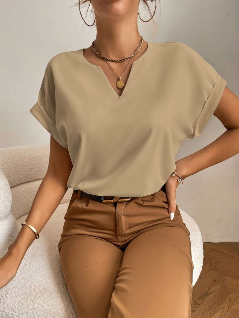 Feminina Blusa Popover com Pescoço Entalhado e Mangas Morcego Blusas de Manga Curta Top