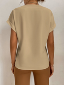Feminina Blusa Popover com Pescoço Entalhado e Mangas Morcego Blusas de Manga Curta Top