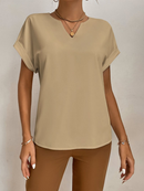 Feminina Blusa Popover com Pescoço Entalhado e Mangas Morcego Blusas de Manga Curta Top