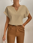 Feminina Blusa Popover com Pescoço Entalhado e Mangas Morcego Blusas de Manga Curta Top