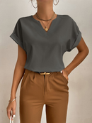 Feminina Blusa Popover com Pescoço Entalhado e Mangas Morcego Blusas de Manga Curta Top