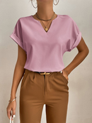 Feminina Blusa Popover com Pescoço Entalhado e Mangas Morcego Blusas de Manga Curta Top