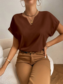 Feminina Blusa Popover com Pescoço Entalhado e Mangas Morcego Blusas de Manga Curta Top